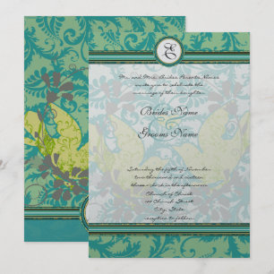 Lagoon Endive Vintag Birds Damask Gray Wedding Einladung