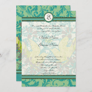 Lagoon Endive Vintag Birds Damask Gray Wedding Einladung