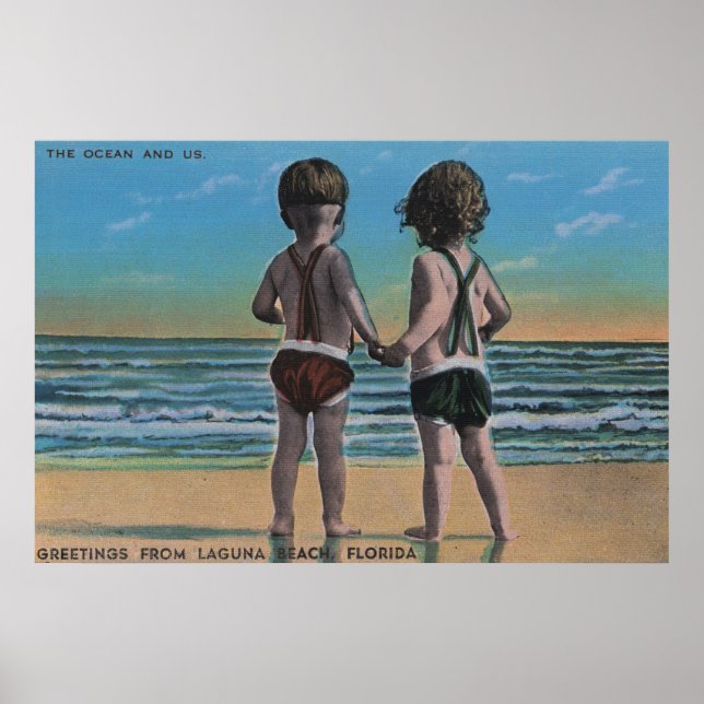 Laguna Beach, FL - Grüße von Szene mit Kindern Poster (Vorne)