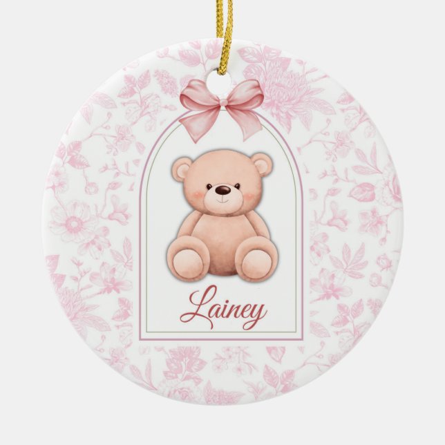 Lainey | Benutzerdefiniertes rosa Teddy-Bär-Kinder Keramik Ornament (Vorne)