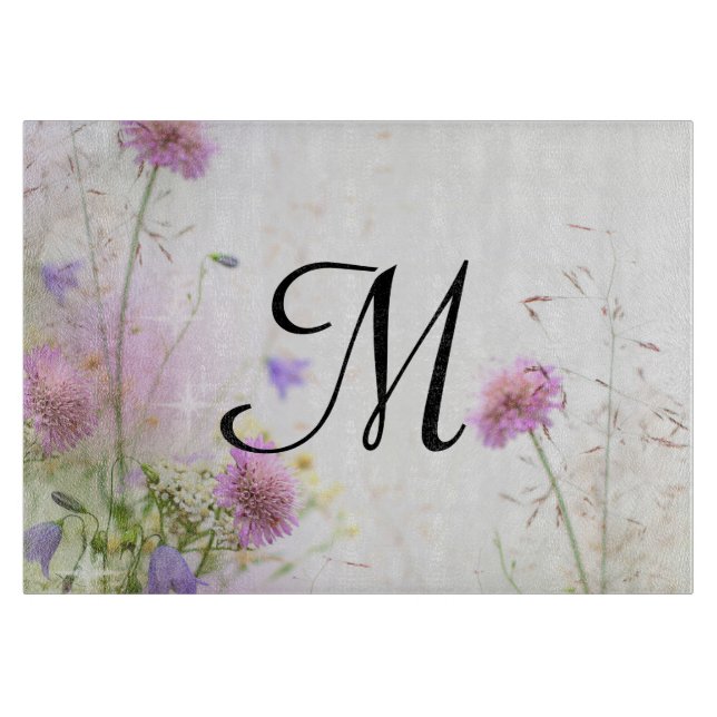 Laivender Wild Blume Monogramm Glasschneidplatte Schneidebrett (Vorderseite)
