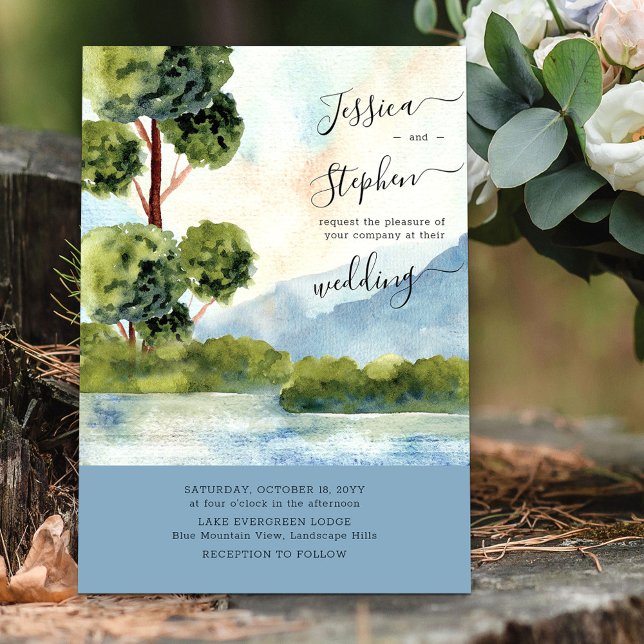 Lake Evergreen Dusty Blue Hochzeit in Urlaubsort Einladung (Von Creator hochgeladen)