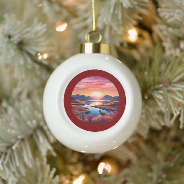Lake Ewe Sunset in Schottland Keramik Kugel-Ornament (Baum)