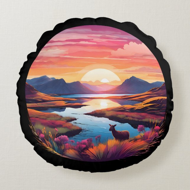 Lake Ewe Sunset in Schottland Rundes Kissen (Vorderseite)