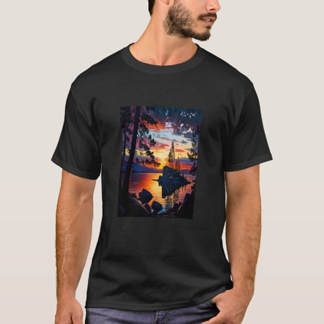 Lake Fishing Adventure Lake Tahoe Landscape Painti T-Shirt (Vorderseite)