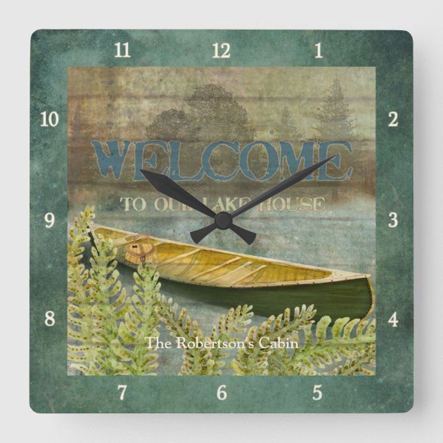 Lake Fishing, Fisherman Trees Canoe Ferns Quadratische Wanduhr (Vorderseite)