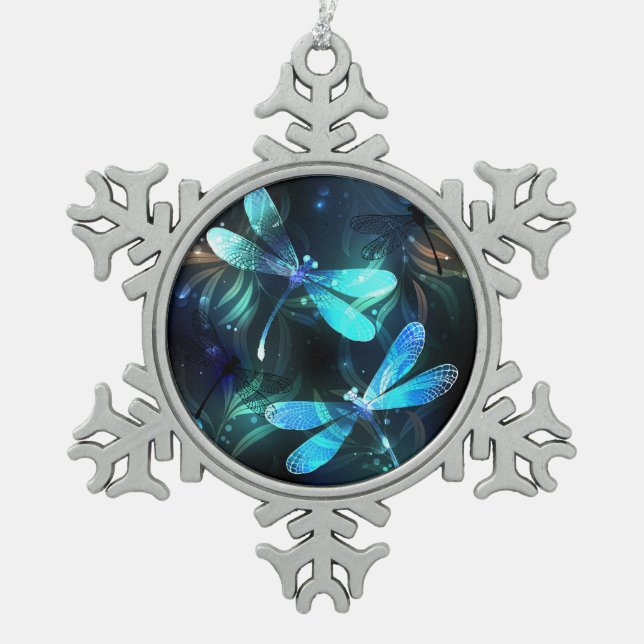 Lake Glows Dragonflies Schneeflocken Zinn-Ornament (Vorderseite)