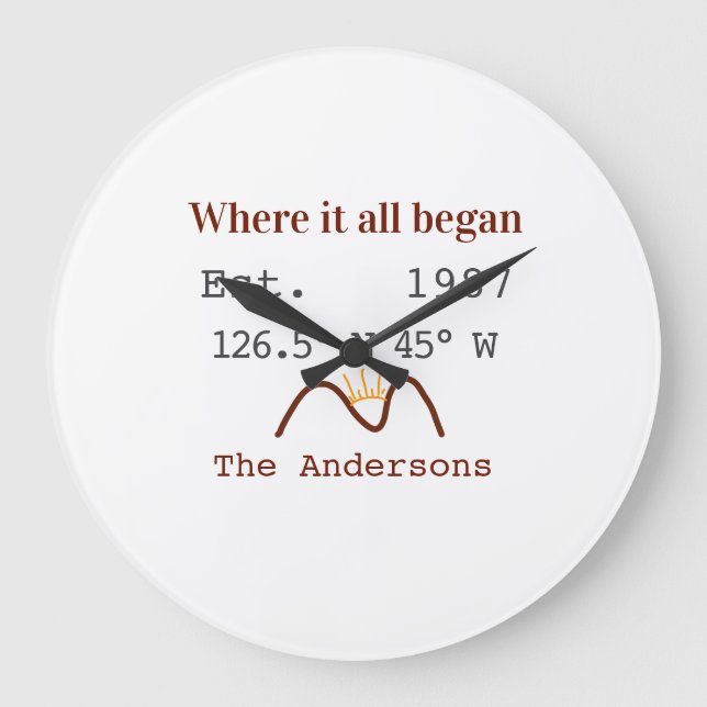 Lake house ets. Date year custom coordinates brown Große Wanduhr (Vorderseite)