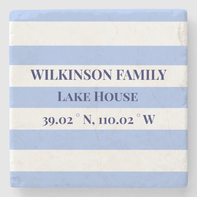 Lake House Koordinaten Familienname Blue Stripes Steinuntersetzer (Vorderseite)