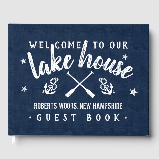 Lake House Personalisierter Urlaub Rental Navy Whi Gästebuch (Vorderseite)