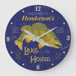 Lake House Rustic Nautical Bass Fish | Custom Name Große Wanduhr