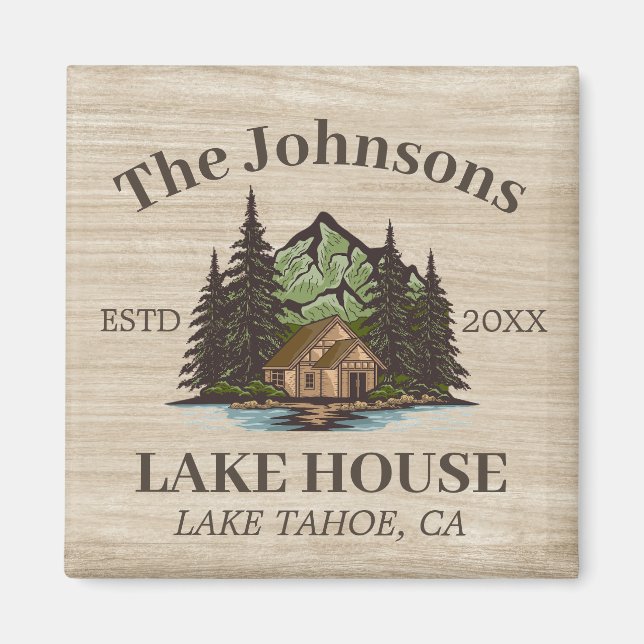 Lake House Wood Themed Family Name Personalisiert Magnet (Vorne)