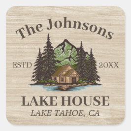Lake House Wood Themed Family Name Personalisiert Quadratischer Aufkleber
