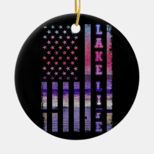Lake Life American Flag Dock Sunset Wakeboarder Keramik Ornament