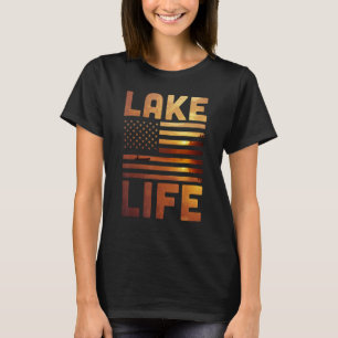 Lake Life Fisherman Sunset American Flag Bass Fish T-Shirt