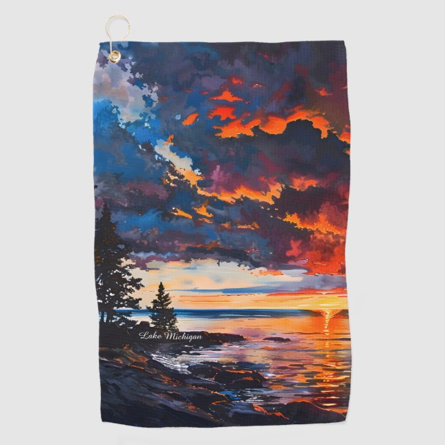 Lake Michigan Sunset Nature Landschaftsbild Golfhandtuch (Vorderseite)