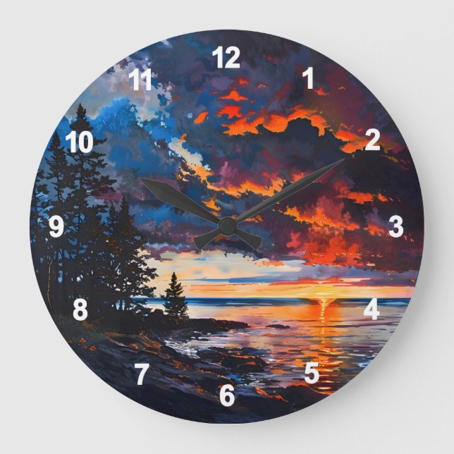 Lake Michigan Sunset Nature Landschaftsbild Große Wanduhr (Vorderseite)