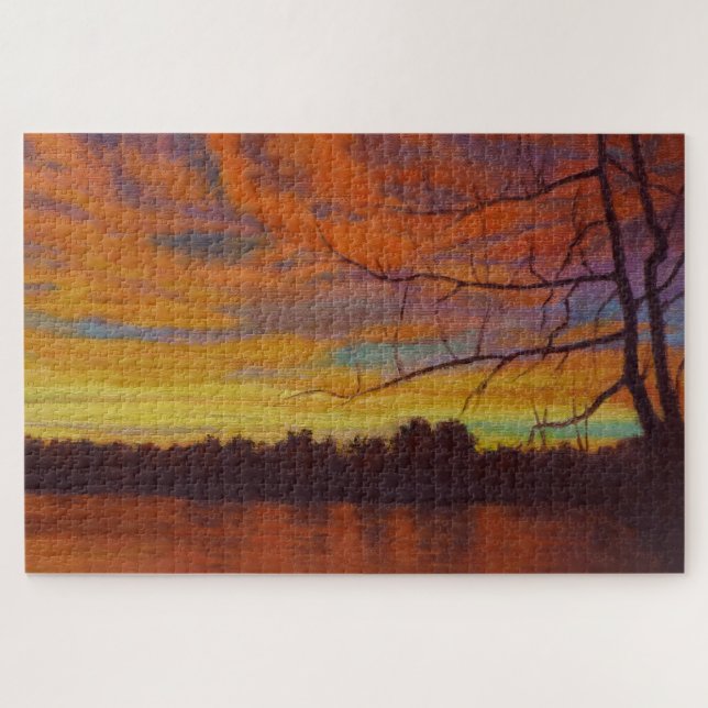 Lake Sunset Impressionistic Oil Painting (Horizontal)