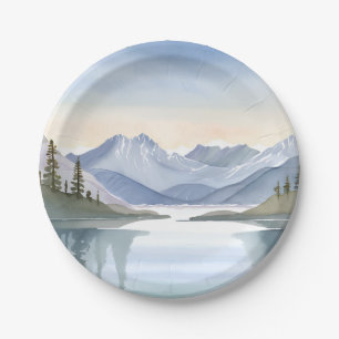 Lake Tahoe   Aquarell-Berglandschaft Pappteller