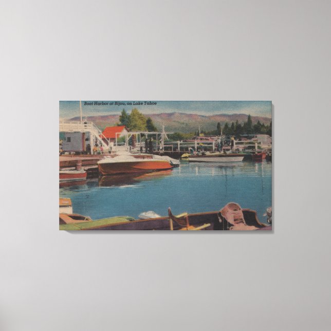 Lake Tahoe, CA - Bootshafen bei Bijou Wooden Leinwanddruck (Vorderseite)