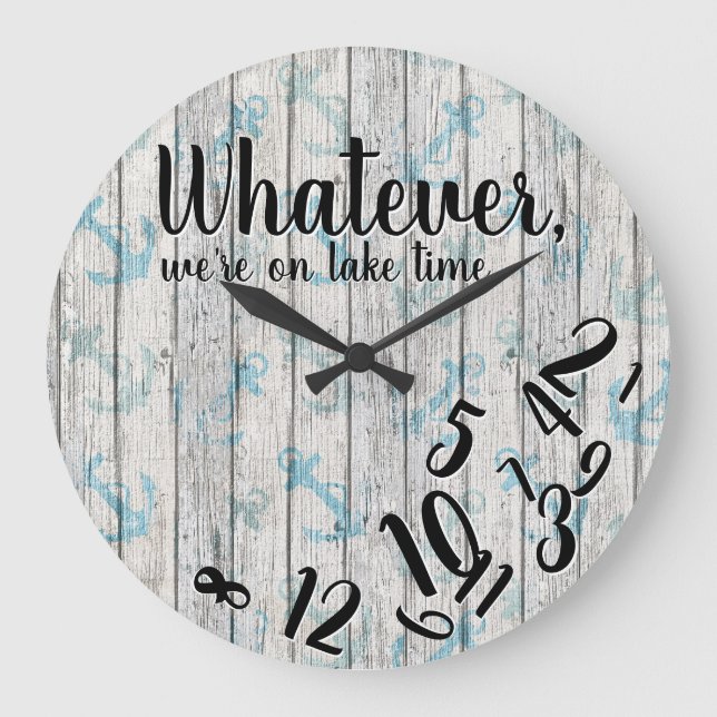 Lake Time Rustic Wood Funny Retirement Lake Home Große Wanduhr (Vorderseite)