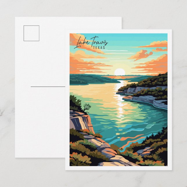 Lake Travis Texas USA Vintage Illustration Postkarte (Vorne/Hinten)