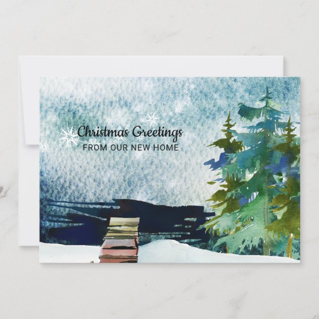 Lakefront Pine Trees Snowy Sky Neue Adresse Ankündigung (Vorderseite)