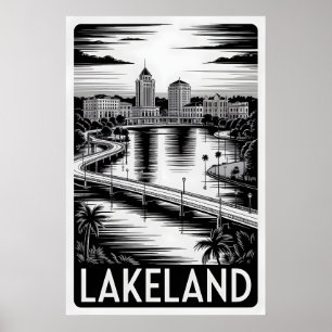 Lakeland Florida Skyline Schwarz Weiß Holzschnitt Poster