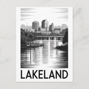 Lakeland Florida Skyline Schwarz Weiß Holzschnitt Postkarte