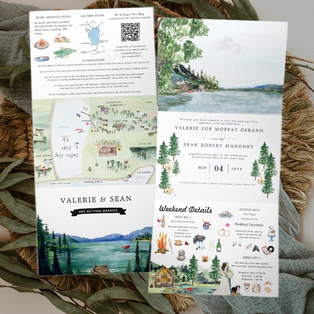 Lakeside Campground Resort | Illustrierte Hochzeit Dreifach Gefaltete Einladung (Von Creator hochgeladen)