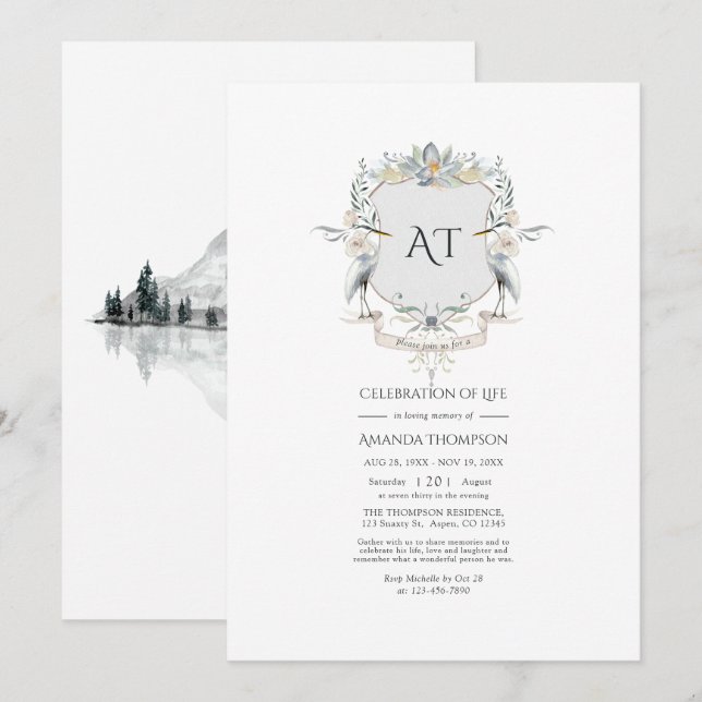 Lakeside Monogram Laurel Wappen Celebration of Lif Einladung (Vorne/Hinten)
