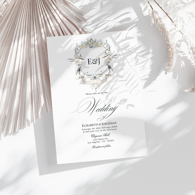 Lakeside Monogram Laurel Wappen Wedding Einladung (Herons Monogram Crest Elegant Lake Wedding Invitation)