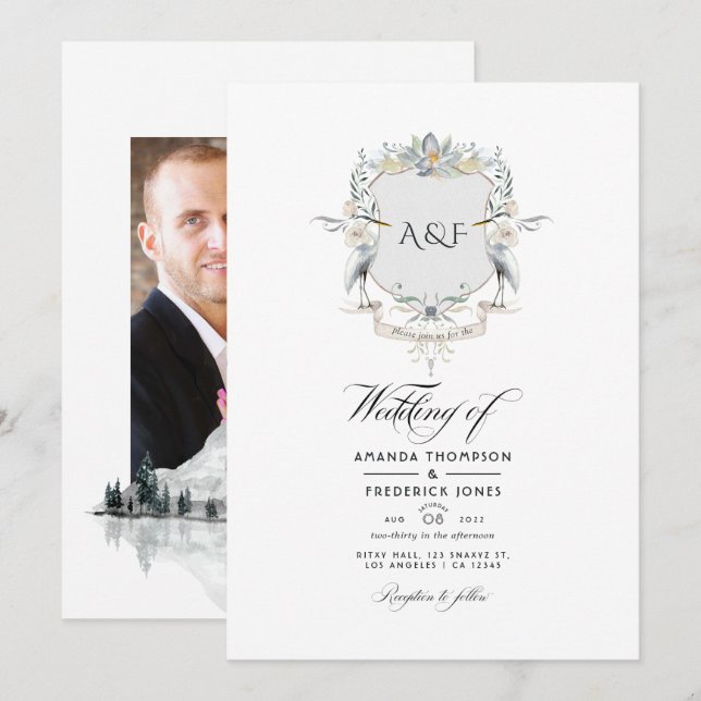Lakeside Monogram Laurel Wappen Wedding Foto Einladung (Vorne/Hinten)