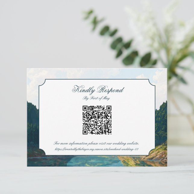 Lakeside Mountain Valley Wedding QR code RSVP Card Karte (Stehend Vorderseite)