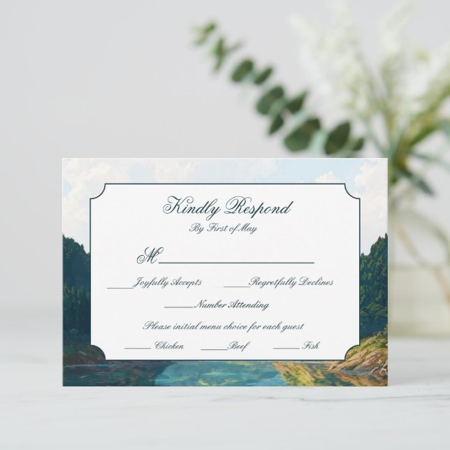 Lakeside Mountain Valley Wedding RSVP Card Karte (Stehend Vorderseite)