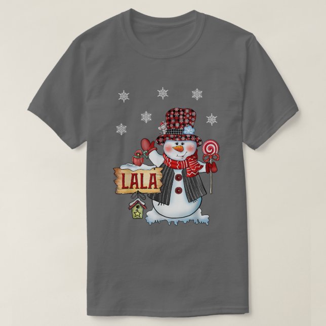 Lala Snowman Christmas Candy Cane Red Kariert Sant T-Shirt (Design vorne)