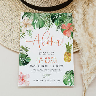 LALANI Tropical Pink Hibiskus Luau 1. Geburtstag Einladung