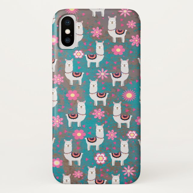 Lama (Alpaka) mit Blumen und Türkis-Schmutz Case-Mate iPhone Hülle (Rückseite)