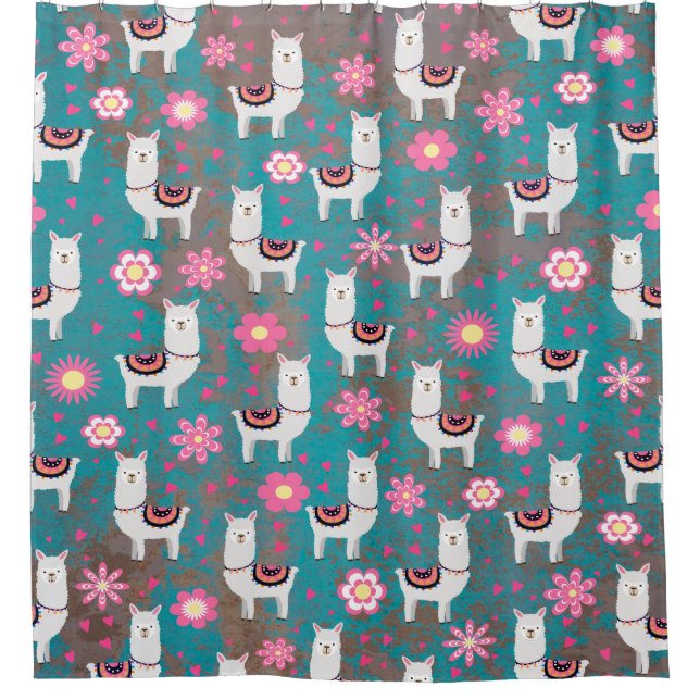 Lama (Alpaka) mit Blumen und Türkis-Schmutz Duschvorhang (Vorderseite)