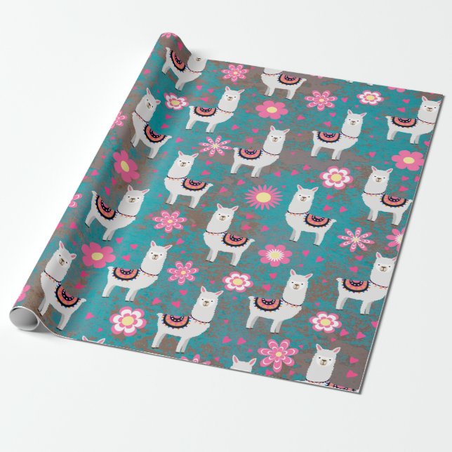 Lama (Alpaka) mit Blumen und Türkis-Schmutz Geschenkpapier (Ungerollt)