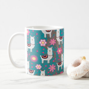 Lama (Alpaka) mit Blumen und Türkis-Schmutz Kaffeetasse