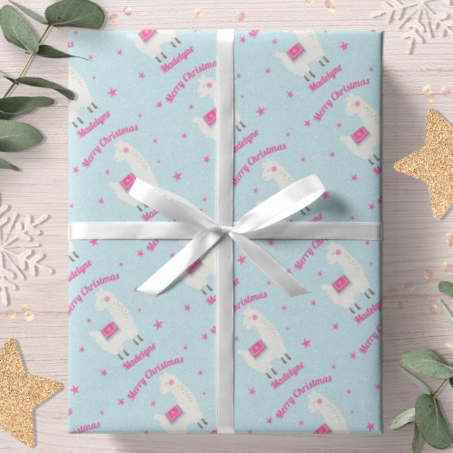 Lama Christmas Blue Snow Stars Personalisiert Geschenkpapier (Von Creator hochgeladen)