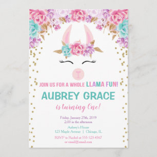 Lama Geburtstagsparty, rosa Gold, aquamarine Blüte Einladung