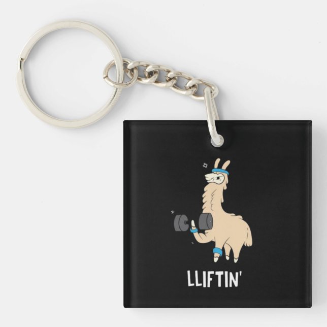 Lama im Fitnessraum - Gewichte heben Schlüsselanhänger (Vorderseite)