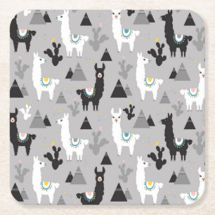 Lama Kaktus Berge, nahtloses Muster. Rechteckiger Pappuntersetzer