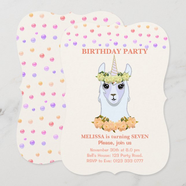 Lama-Mais 7. Geburtstagsparty Einladung (Vorne/Hinten)