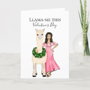 Lama mit Herz-Kranz und weiblicher Illustration Feiertagskarte
