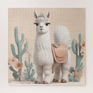 Lama mit Sattel in der Wüste