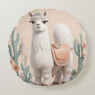 Lama mit Sattel in der Wüste Rundes Kissen
