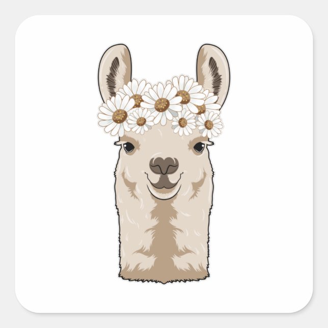 Lama mit weißen Blüten Quadratischer Aufkleber (Vorderseite)